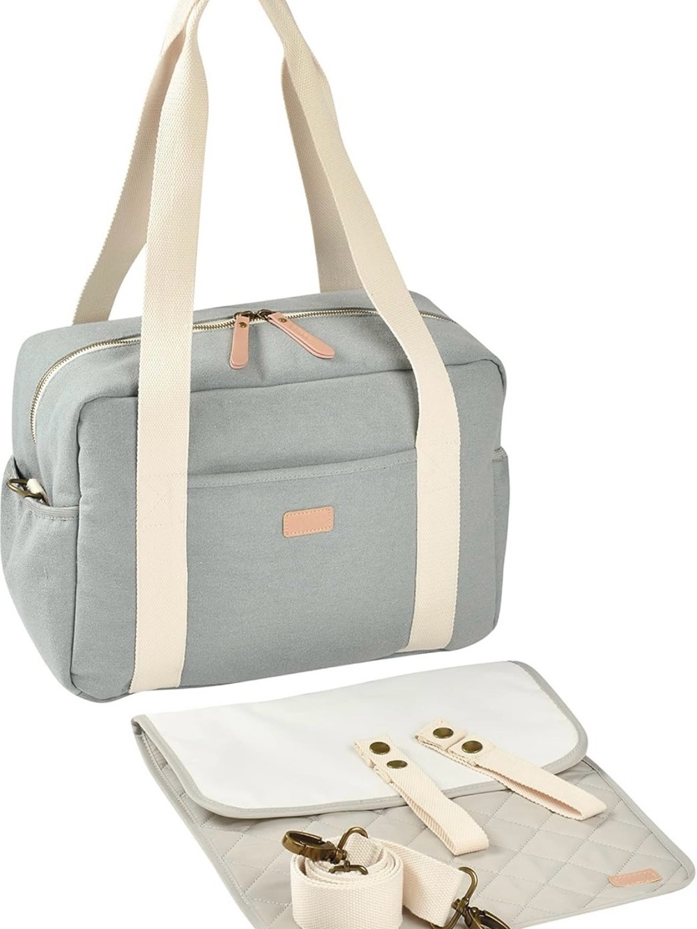 Light Gray Baby Diaper Bag Tote with Cream Straps